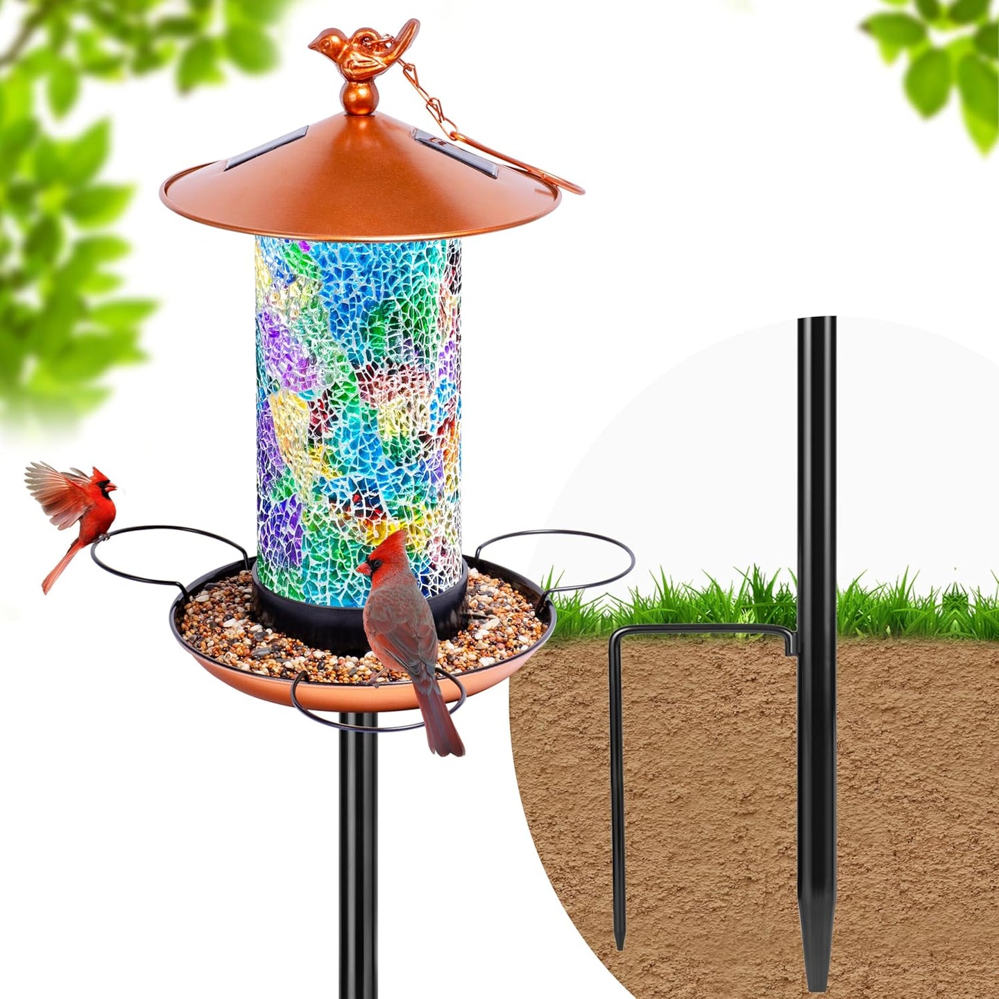 Solar Bird Feeder for Outdoors with Pole, Luxury Mosaic Glass Metal Vintage Lantern Standing, Pretty Garden Gift for Birthday Women, Men, Mom, Dad,Grandma
