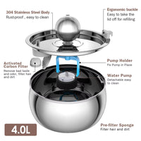 304 Stainless Steel Pet Water Fountain 4L/135 Oz with Faucet Silent Filter Automatic Dog Water Fountain Live Water Circulation
